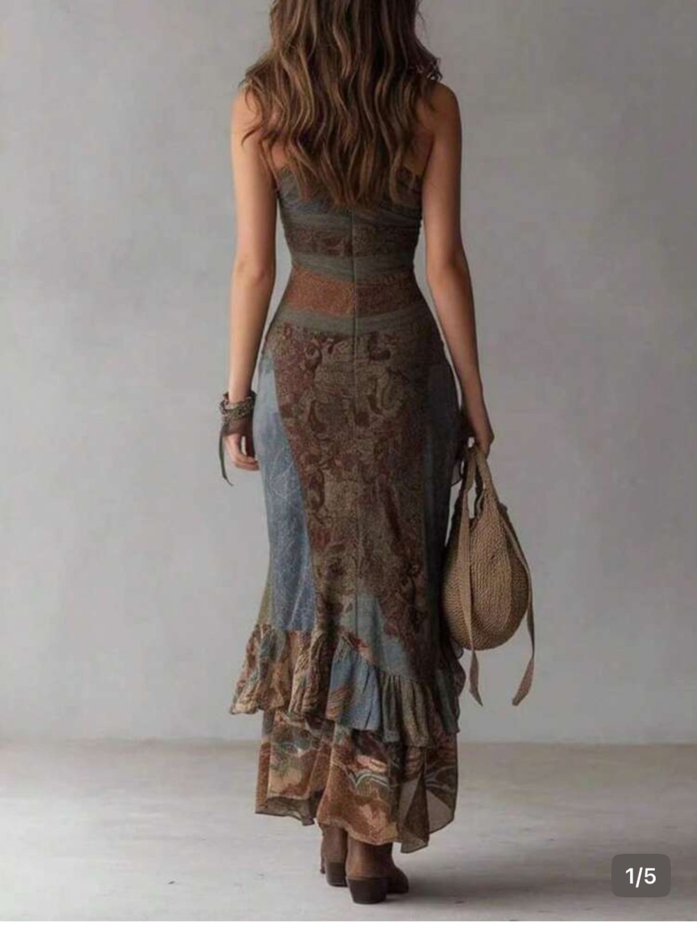 Asymmetrical Ruffled Floral Maxi Dress– Blue & Brown - Picture 2 of 10